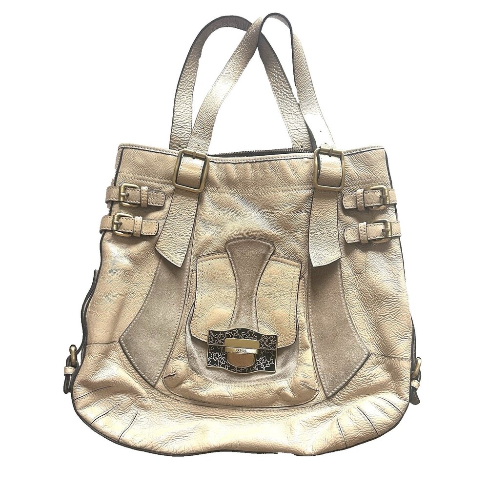 Tous Spain Authentic VTG Patent Leather-Suede Boho Beige Shoulder Bag Tote Purse